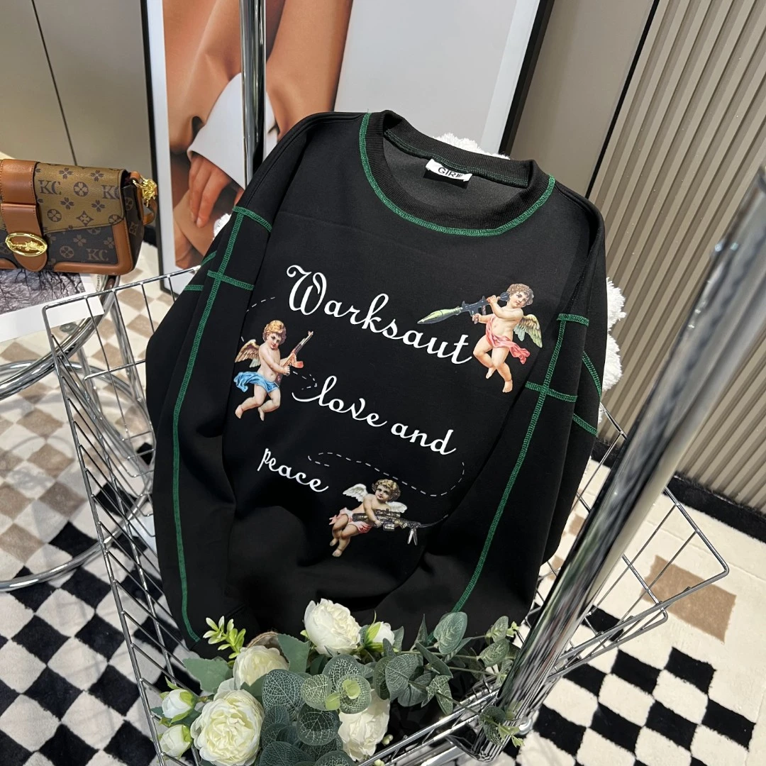 【丘比特】时尚哈苏撞色小众设计宽松印花圆领休闲百搭卫衣女