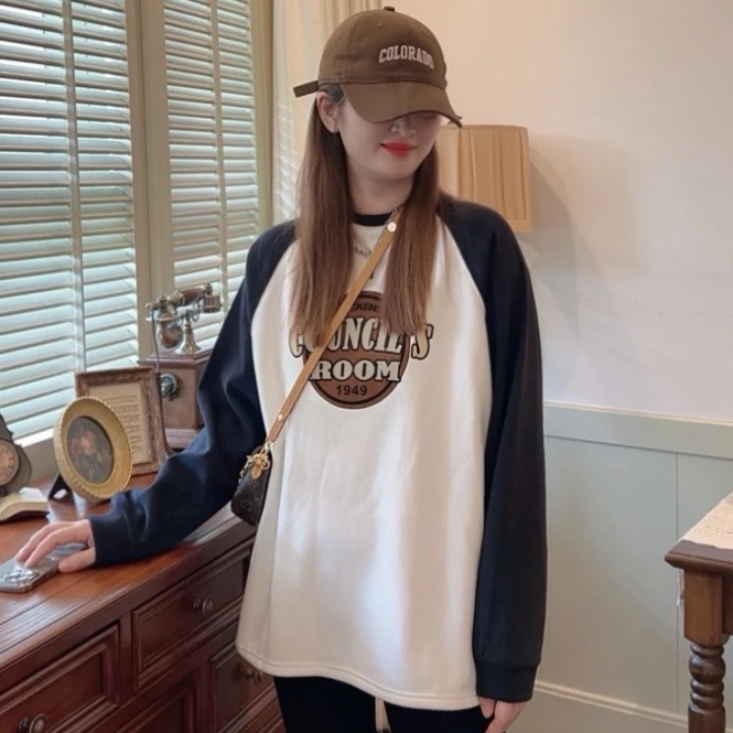 【miu系】加绒款2024秋冬设计师款时尚宽松印花拼接百搭休闲卫衣