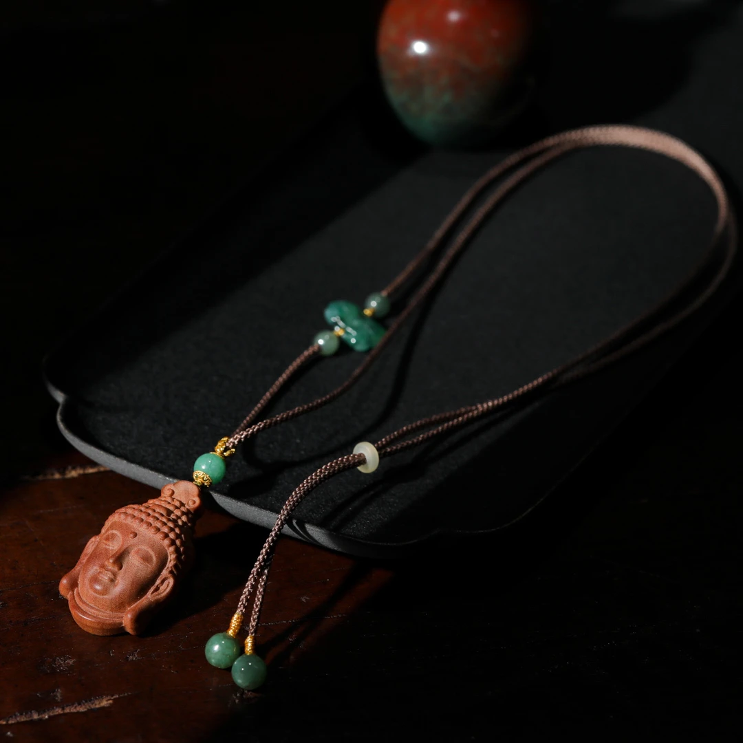 【意婵】天然老山檀精雕佛项链18k金翡翠-907050