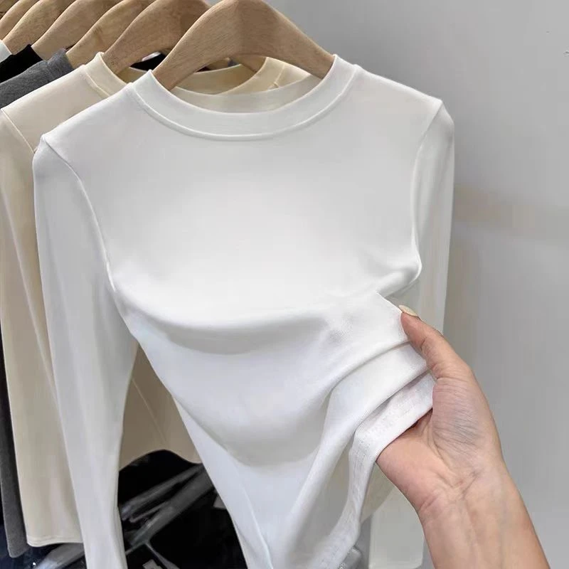 t恤打底衫长袖女士白色2024新款修身显瘦小立领内搭秋冬德绒上衣