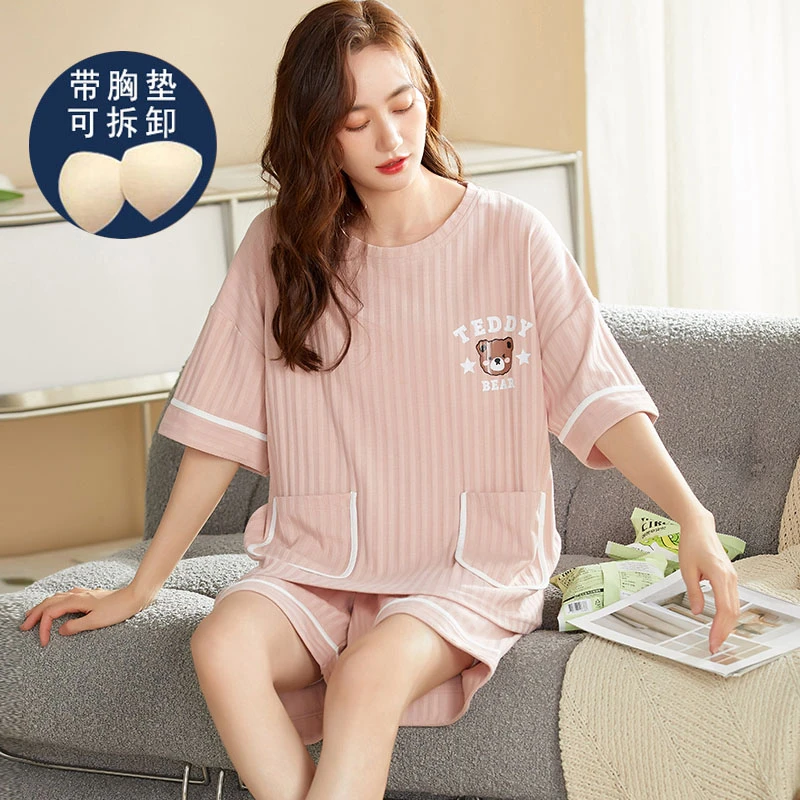 免穿文胸自带胸垫女夏薄款棉质短袖短裤大码2023家居服两件套睡衣