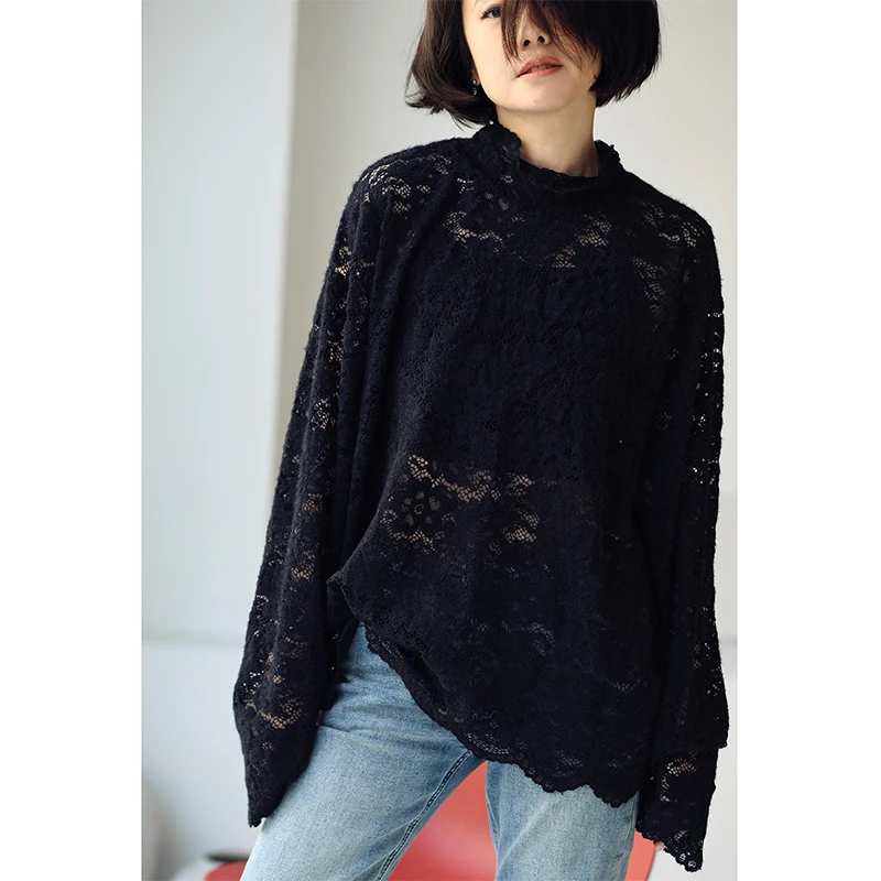 T7638C气质甜美镂空蕾丝半高领打底衫T恤女宽松简约百搭 米兰宣言