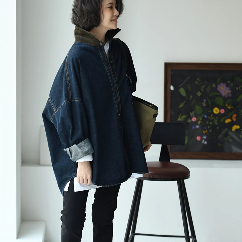 W3838C韩版休闲中性帅气拼接宽松中长款翻领牛仔外套女 米兰宣言