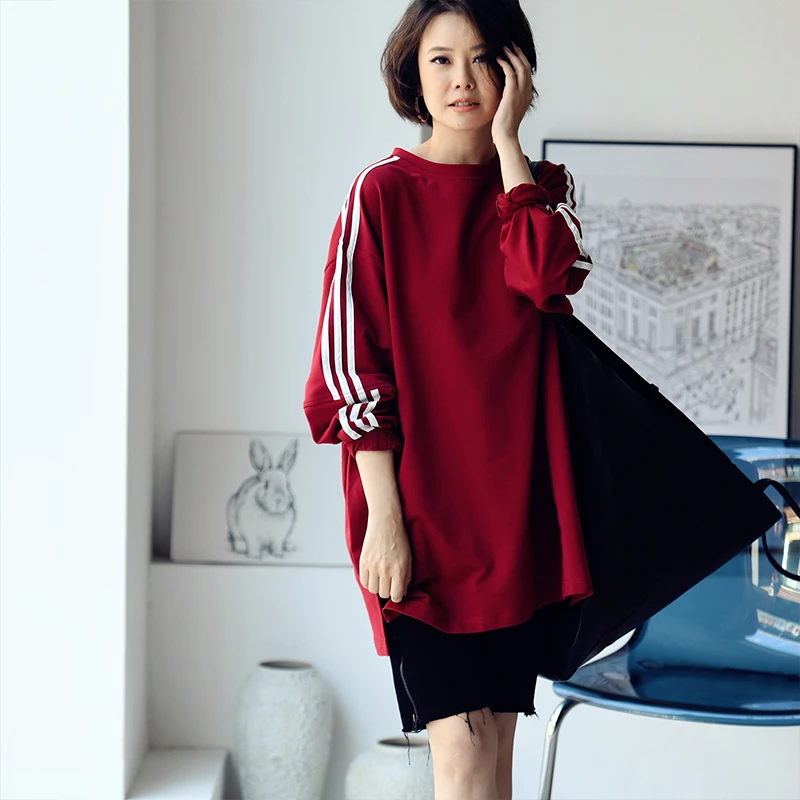 R9530C韩版休闲简约侧拼条宽松圆领中长款套头卫衣女秋 米兰宣言