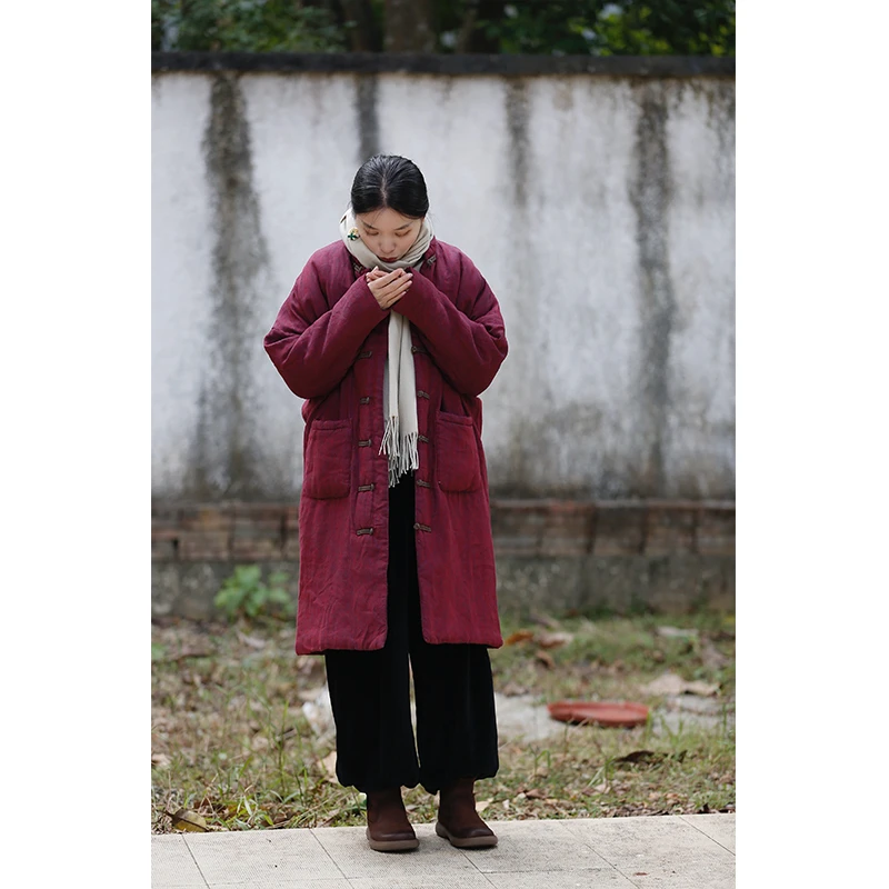 如素慢衣冬季亚麻夹棉保暖长款棉服36001