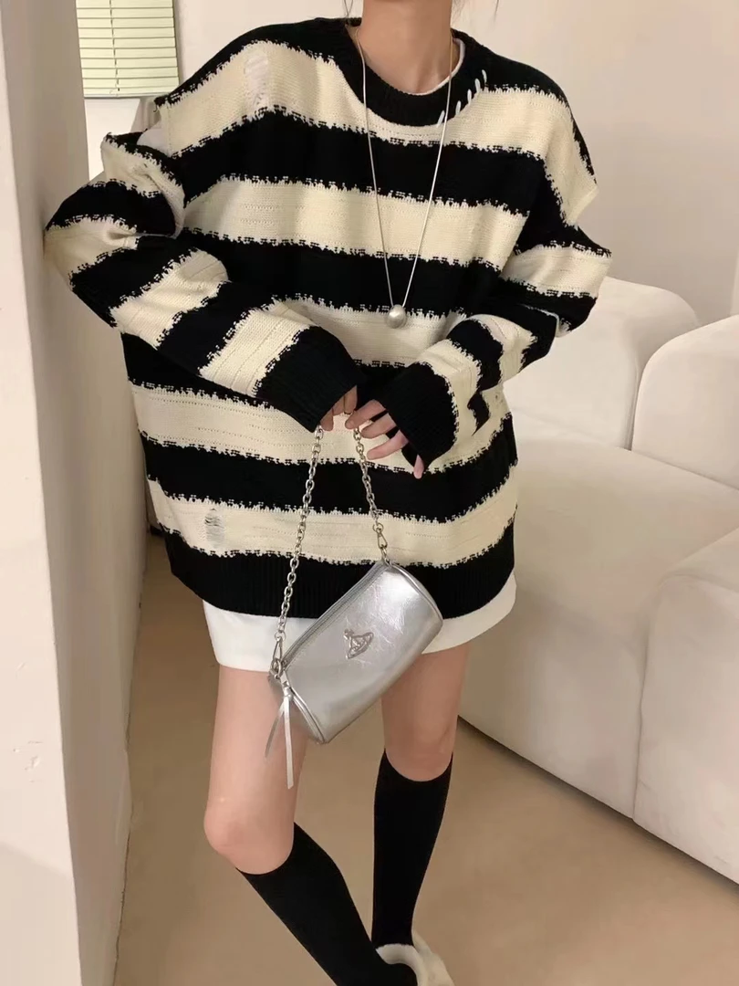 百搭针织衫韩版显瘦宽松条纹套头时尚高领圆领翻领复古