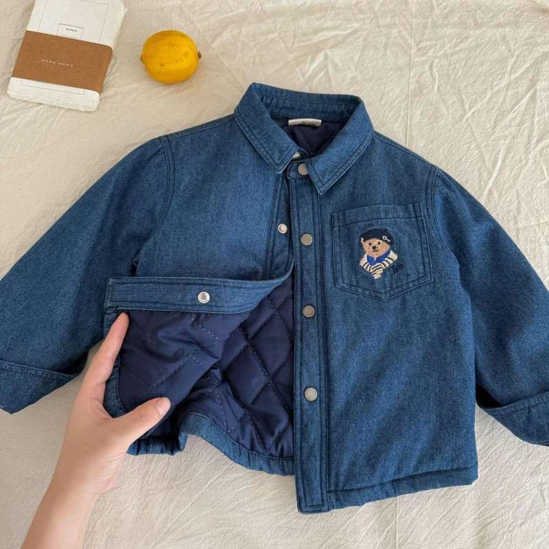 童装儿童夹棉外套2024冬款男童卡通小熊牛仔衬衫女童洋气加棉衬衣