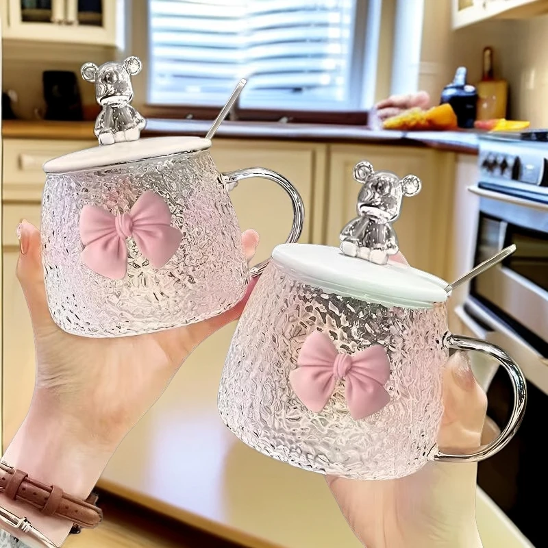 ins风蝴蝶结小熊玻璃果汁牛奶咖啡带盖勺水杯