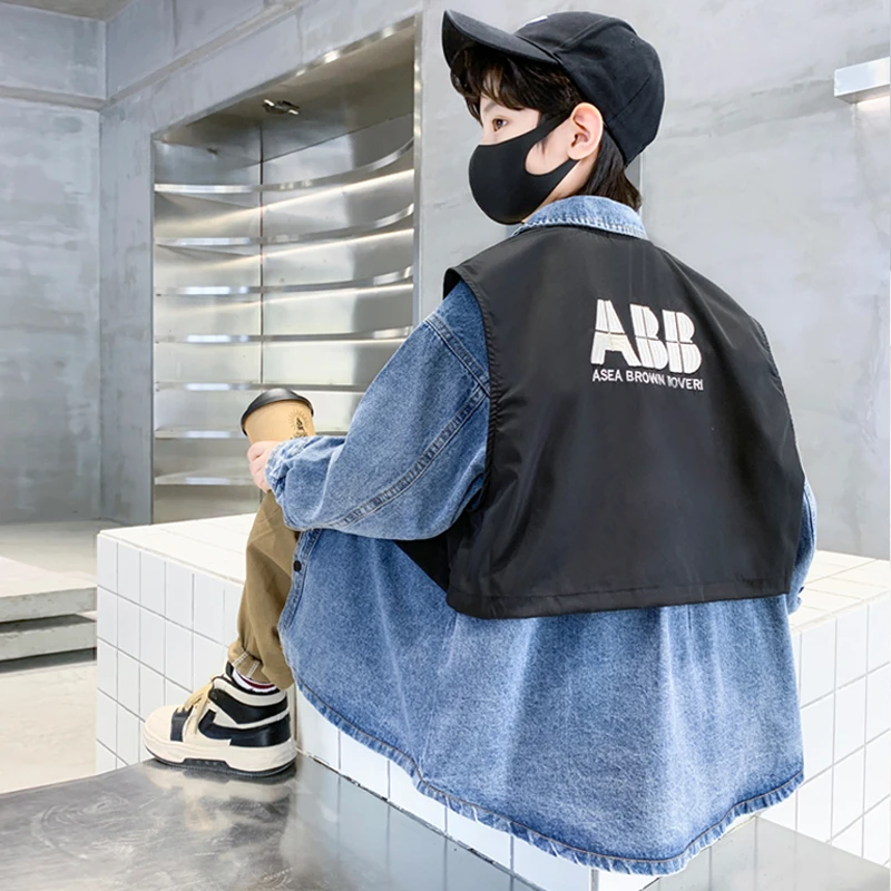 儿童时髦帅气可拆卸牛仔外套2024秋季新款男童时尚韩版秋装上衣