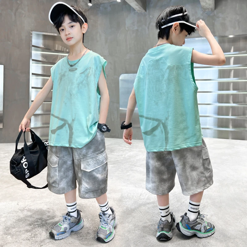 男童夏装背心套装2024新款夏季无袖中大儿童男孩薄款痞帅炸街潮酷