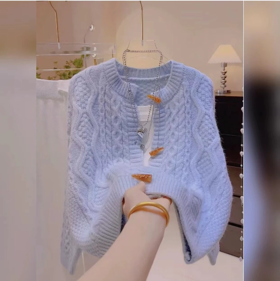 2024高级感牛角扣纯色开衫毛衣女小香风时尚百搭气质温柔黄色上衣