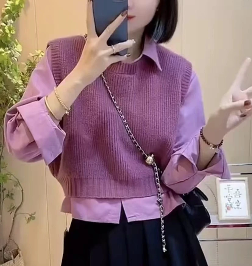 秋冬新品学院风毛衣马甲衬衫两件套女时尚洋气气质宽松百搭上衣潮