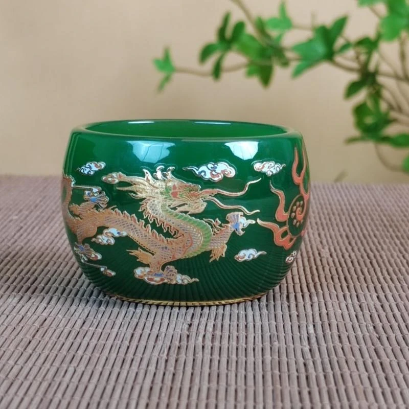 帝王绿双龙戏珠茶杯琉璃茶杯新款主人杯玉石茶杯单杯品茗家用茶盏