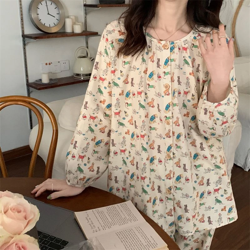 溯源好物ins风睡衣女春秋季长袖长裤套装韩版卡通动物学生家居服