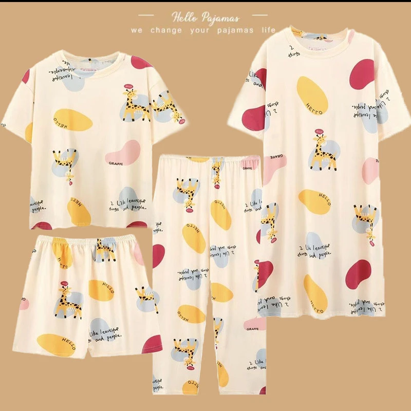 四件套夏季新款夏天女宽松短袖睡裙大码薄款可外穿卡通家居服套装