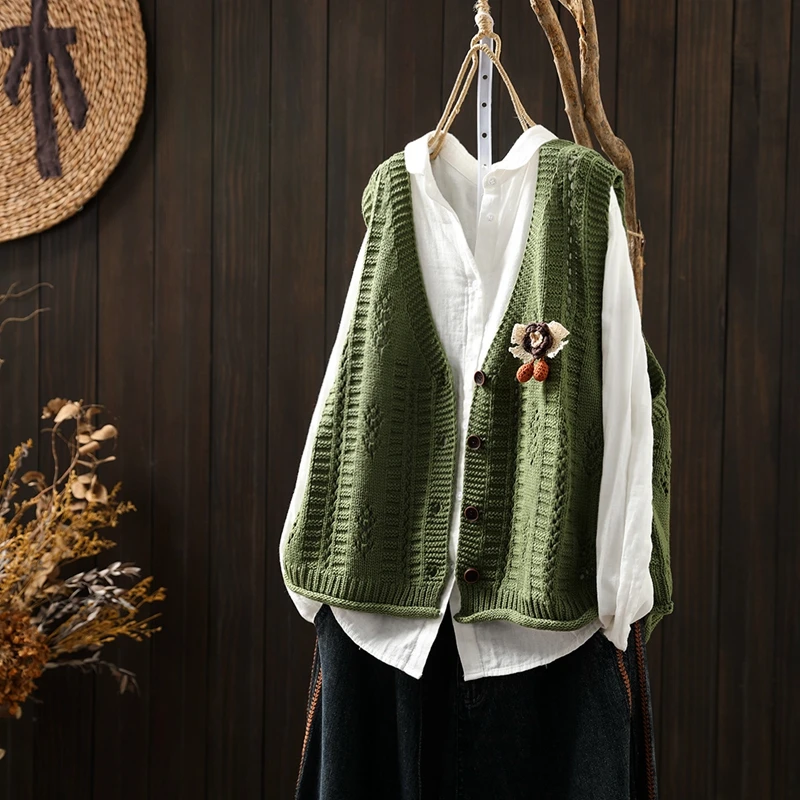 花朵V领棉线针织马甲外套女宽松遮肉春秋新文艺休闲无袖外穿坎肩