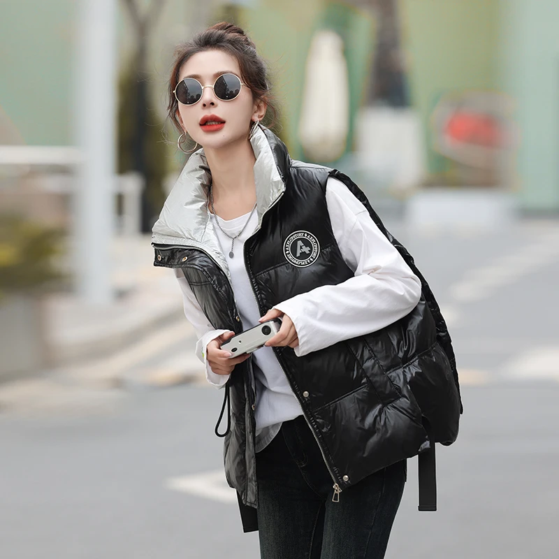 免洗秋冬季印花显瘦学生立领无袖背心马甲女宽松百搭大码加肥外套