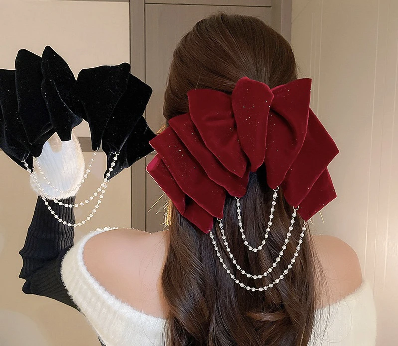 【清仓201-300】丝绒多层云朵弹夹珍珠流苏发夹优雅气质秋冬复古