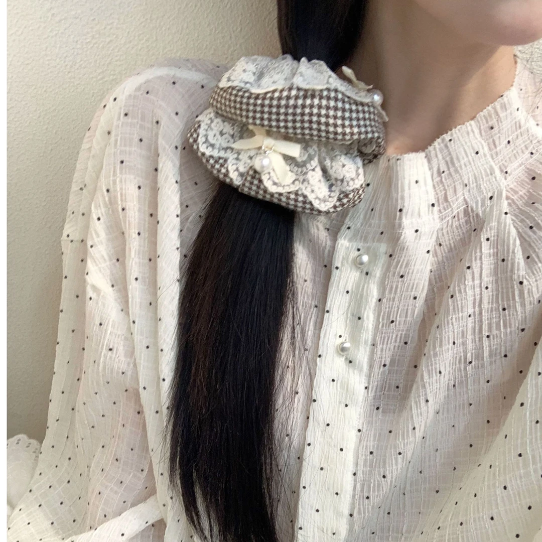 咖色格纹拼接肠圈韩系简约百搭大肠发圈