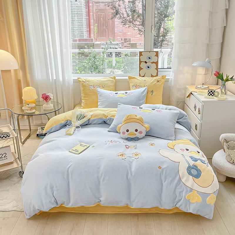 【VTX】早安鸭 牛奶绒重工刺绣贴布绣高克重保暖套件 印染工艺款