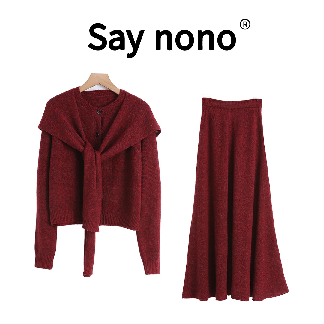 懒猫nono│Saynono 雾非雾＿针织衫毛衣披肩半身裙套装/SYG78058