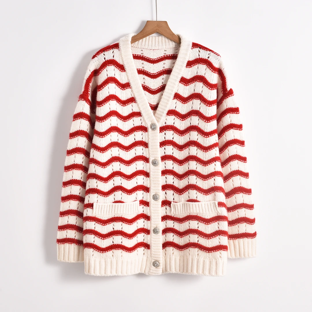 1【 HONEY AMOR 】秋冬独特别致长袖v领条纹毛衣针织开衫 /XD793008