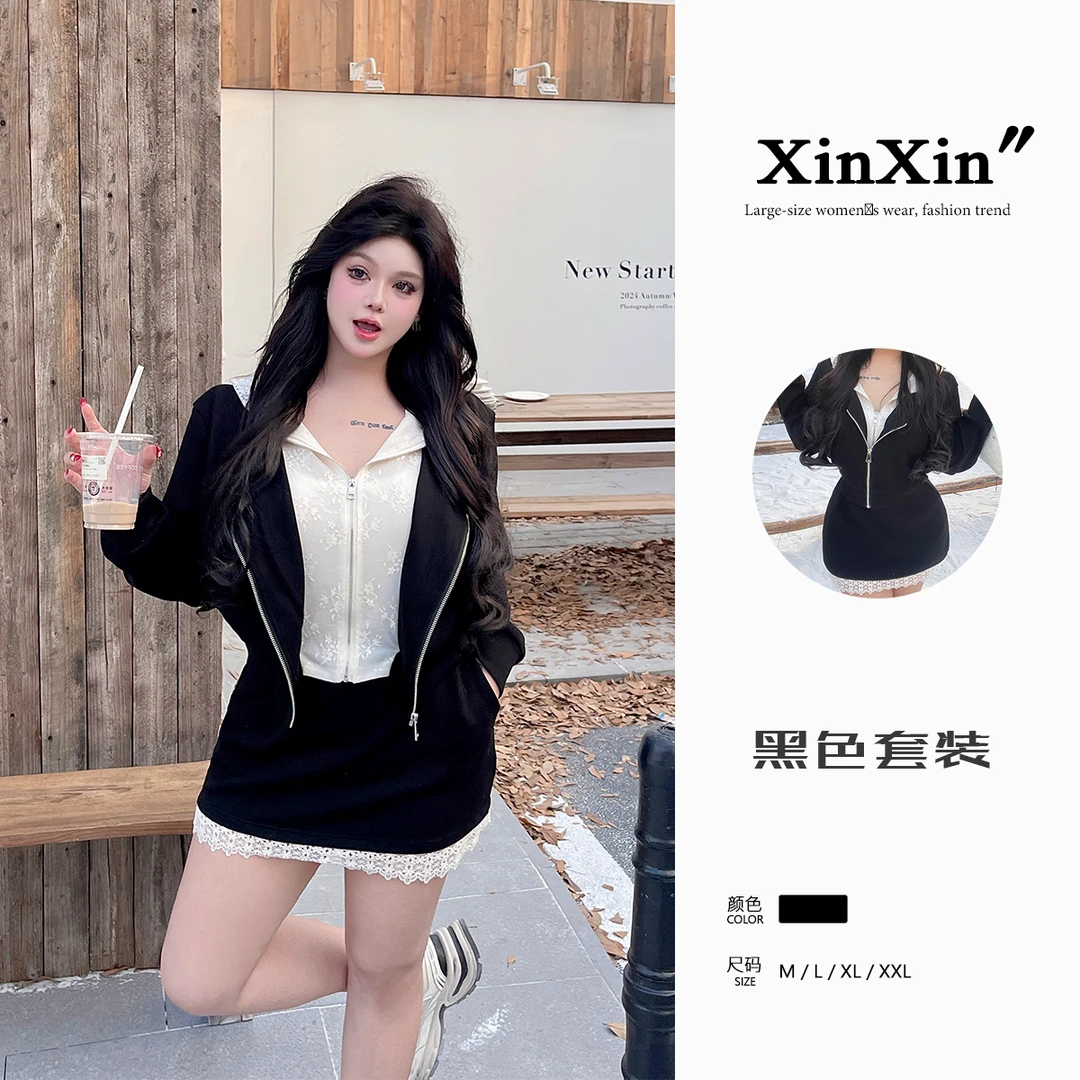 6697【轻氧松弛】微胖mm大码蕾丝拼接假两件外套包臀短裙秋冬新款