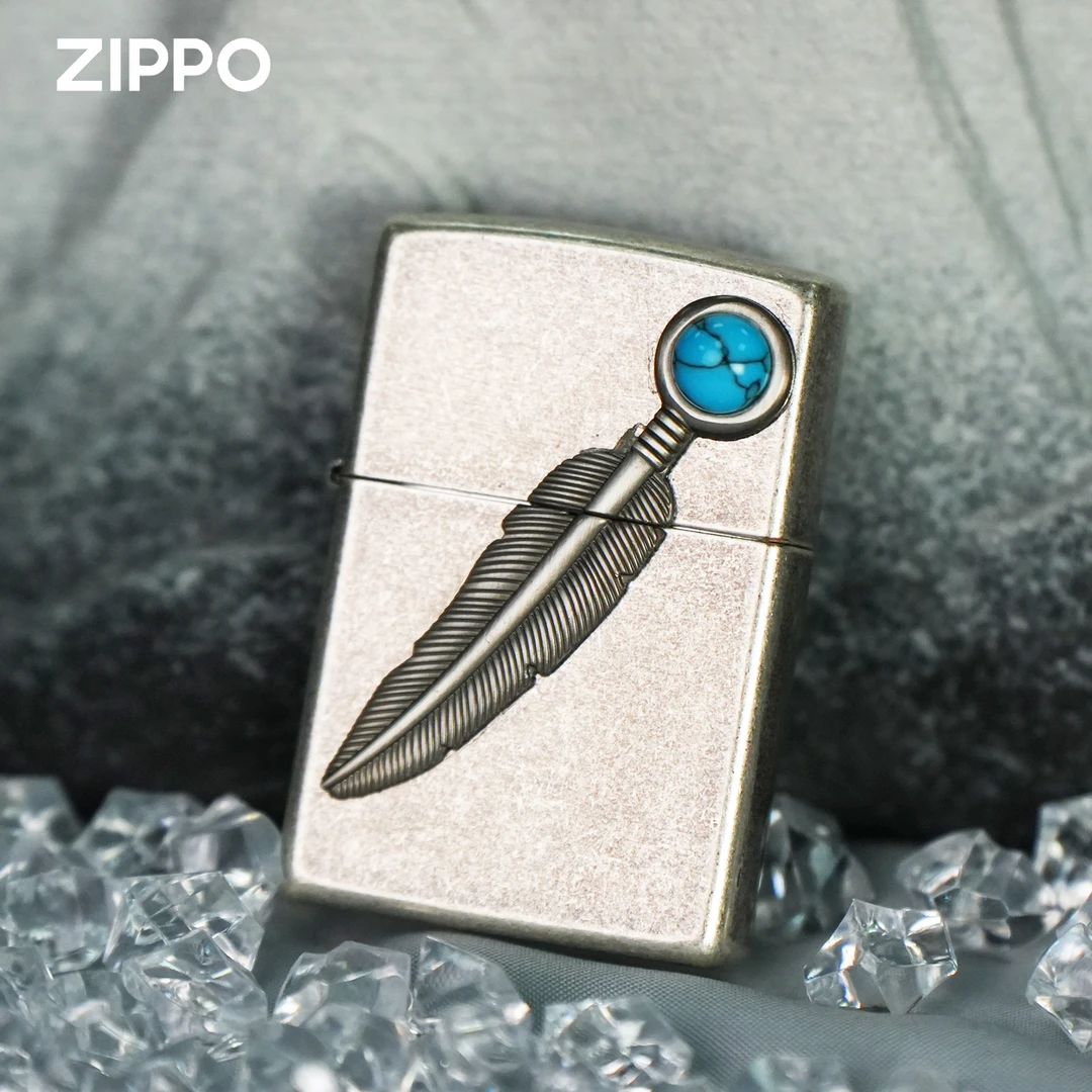 ZIPPO古银羽毛贴章绿松石正品打火机男个性银色防风原装老式仿古
