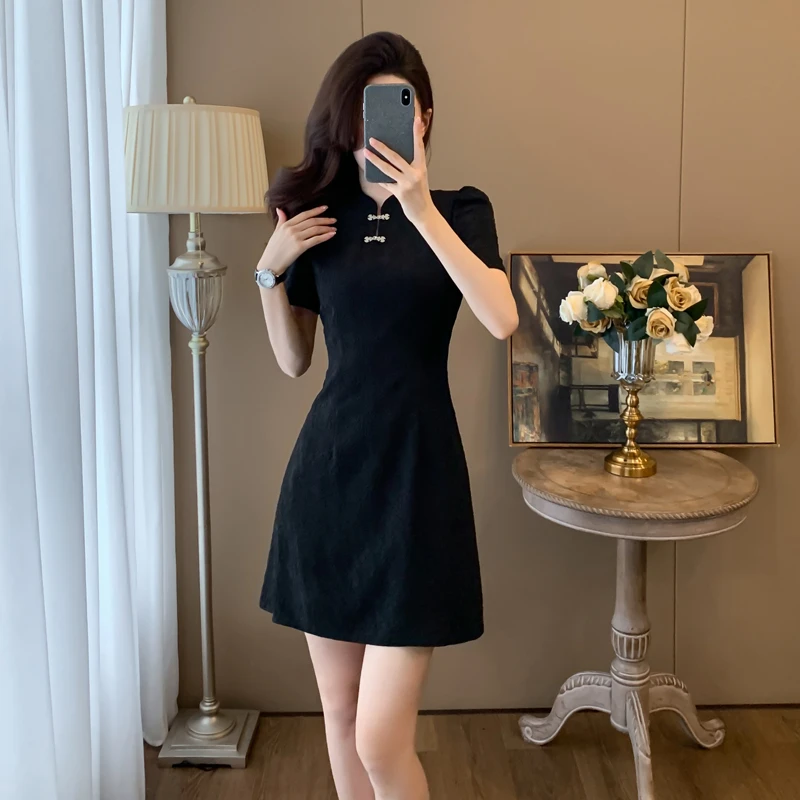 夏天裙子高级女装轻奢气场强大高端小黑裙高贵新国风小个子连衣裙