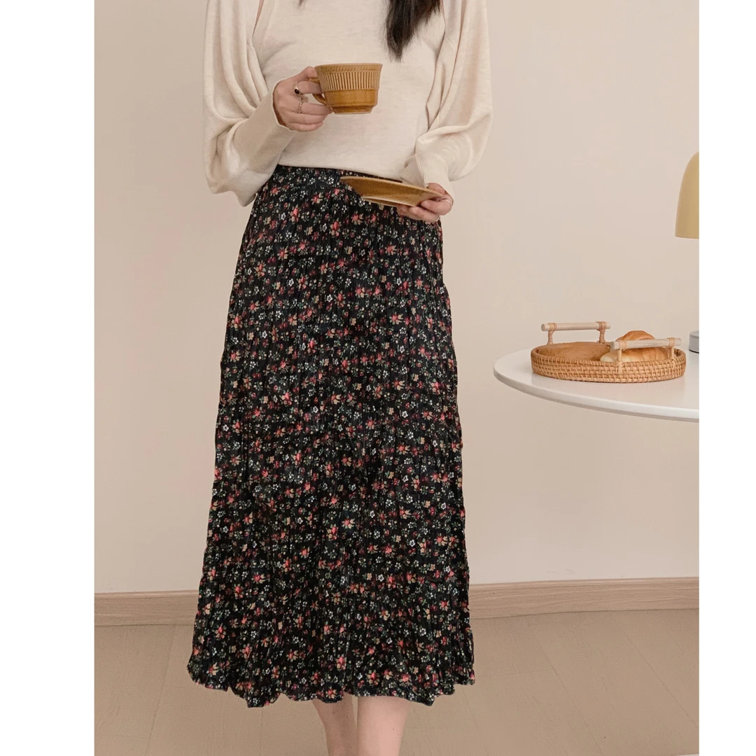 兰嫣新款秋冬休闲中长款丝绒碎花裙复古显瘦百搭高腰半身裙2503