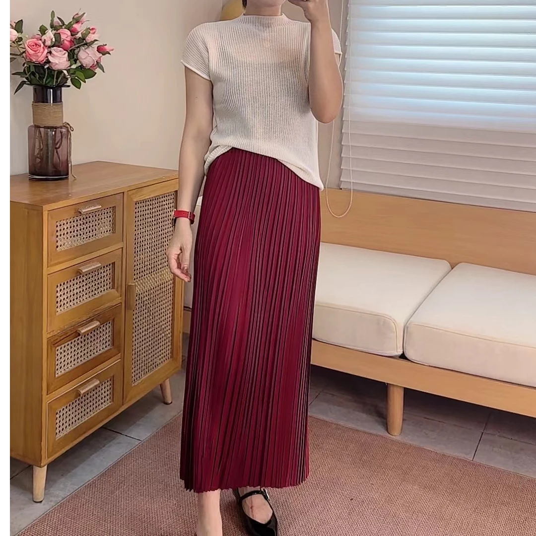 兰嫣(特价清)纯色高腰垂感休闲半身裙开叉气质中长款显瘦乱褶皱裙