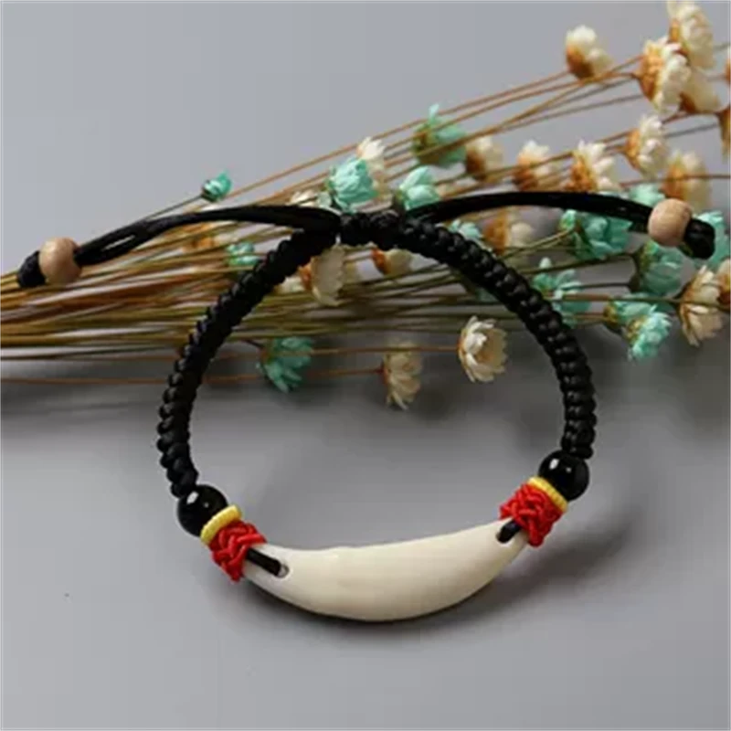 非金属布艺手链 男女真黑狗牙手链 狼牙情侣脚链儿童红绳桃木饰品