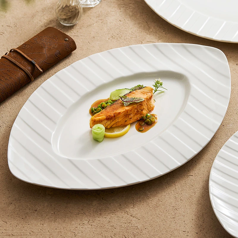 线纹叶形鱼盘家用蒸鱼盘子高级感大号酒店餐具陶瓷意境菜摆盘