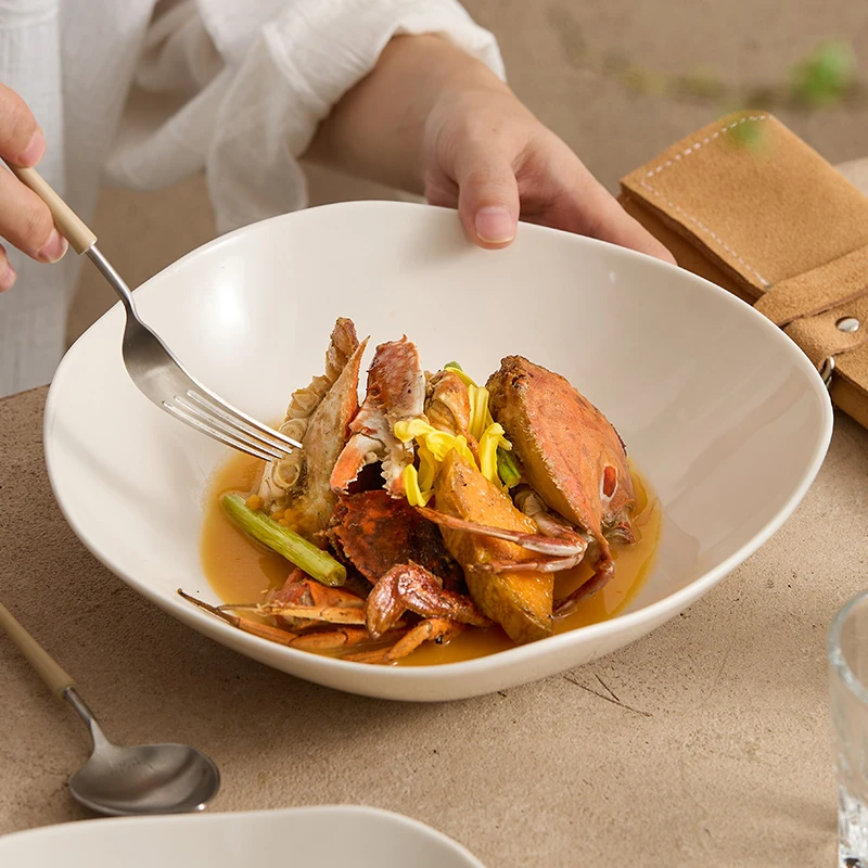 德化陶瓷汤盘菜盘家用盘子高级感不规则西餐餐盘沙拉盘商用五边盘