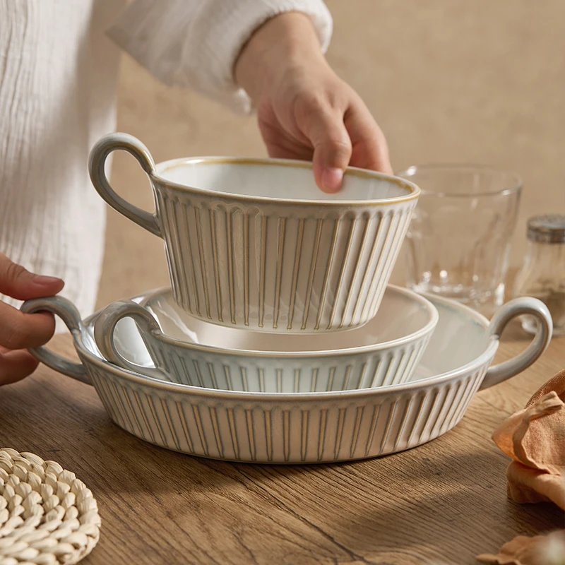 德化双耳陶瓷烤盘创意竖纹复古米饭碗汤碗深浅盘子菜盘家用沙拉盘
