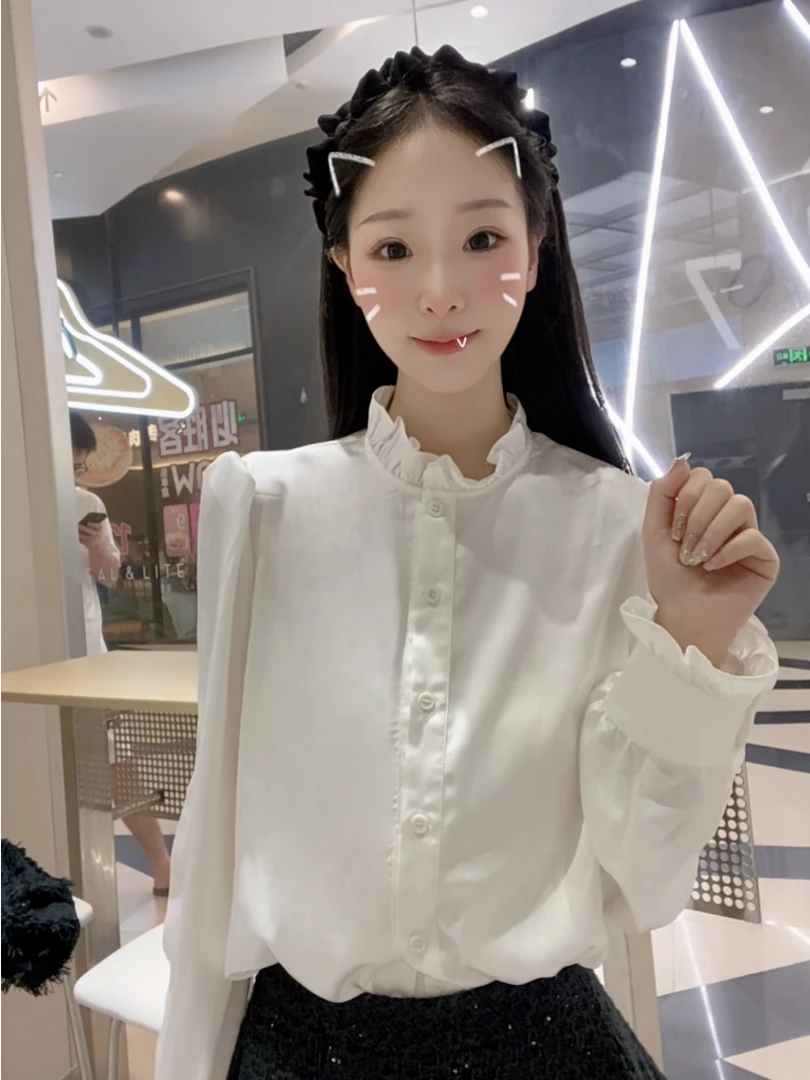 高级感荷叶边立领上衣女2024秋季新款设计感小众长袖衬衫