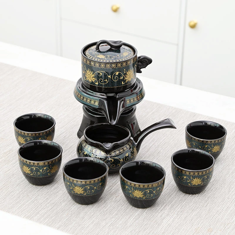 功夫懒人茶具9件套陶瓷自动旋转家用客厅茶具摆件高级大气一整套