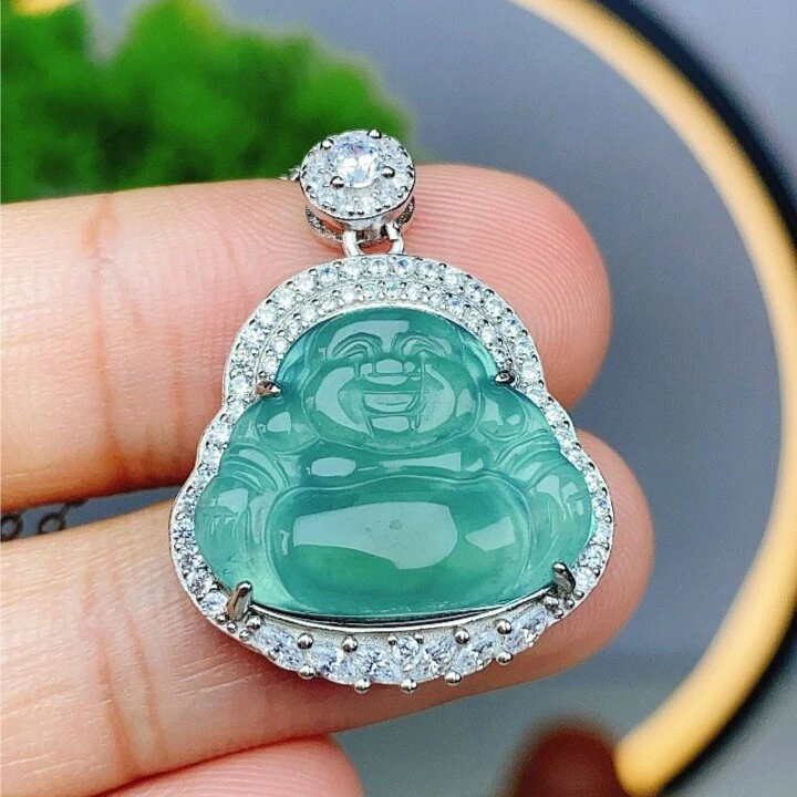 【翡翠珠宝】天然翡翠A货老蓝水佛公吊坠(不含链)  925银包镶