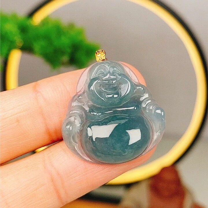 【翡翠珠宝】18K翡翠老蓝水佛公吊坠 天然翡翠A货 大肚弥勒佛项链