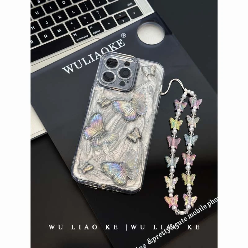 ins水泥灰滴胶镭射蝴蝶适用苹果iPhone14promax手机壳13/12/11女