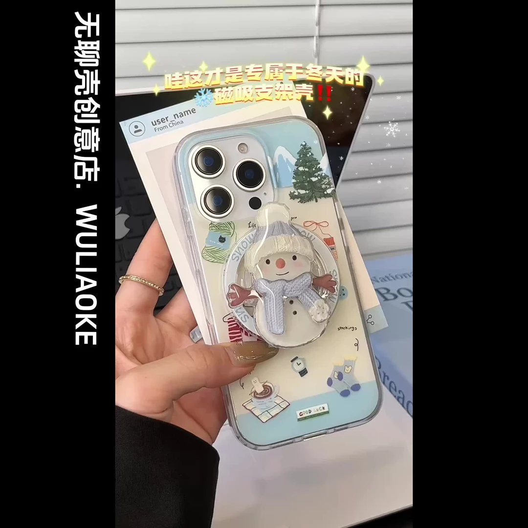 磁吸双层*毛绒袜子雪人适用苹果iPhone16promax手机壳15/14/13