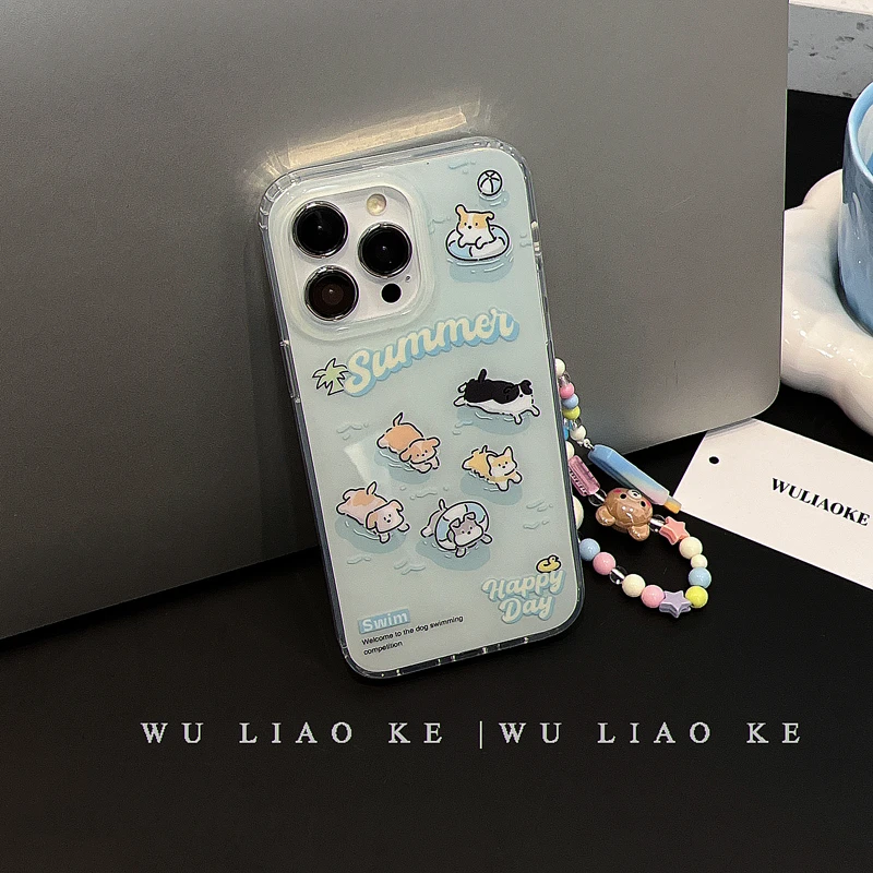 双层满屏游泳小狗适用苹果iPhone14promax手机壳15/13/12/1耳机套