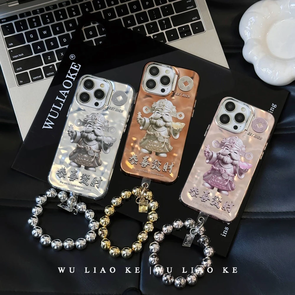 电镀银粉财神爷恭喜发财适用华为/苹果iPhone15promax手机壳14/13