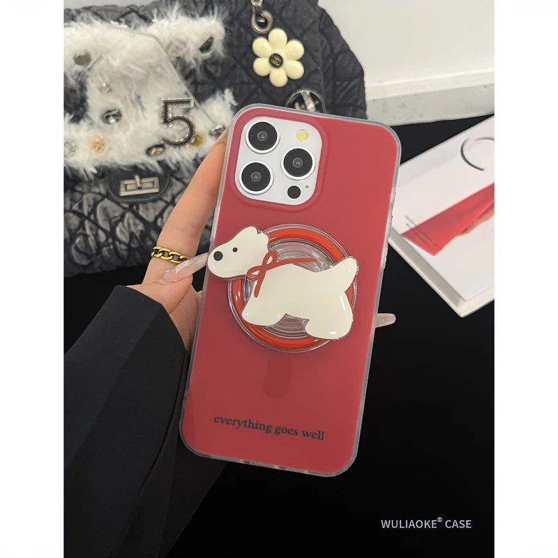 双层磁吸红色蝴蝶结小狗适用苹果iPhone15promax/14/13/12手机壳