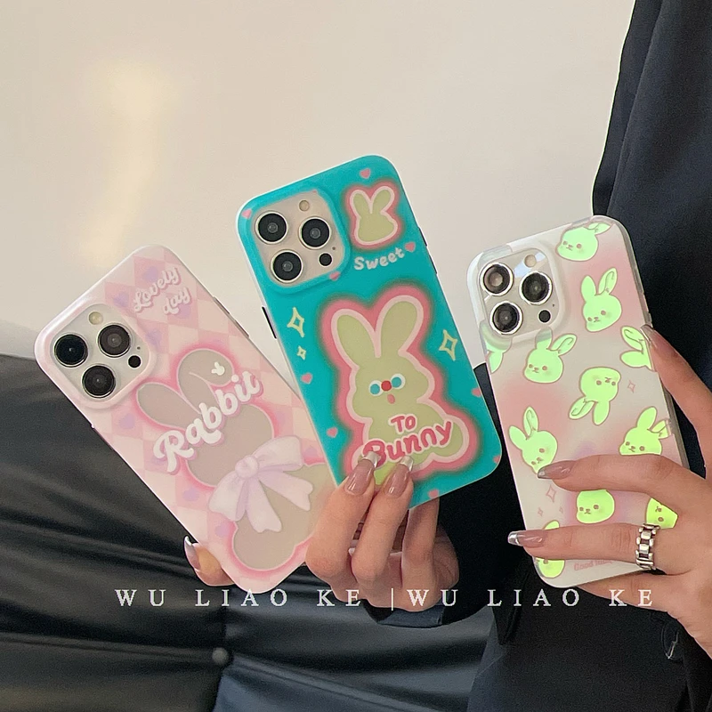 双层ins镭射满屏兔兔头适用苹果iPhone15promax手机壳13/12/11/14