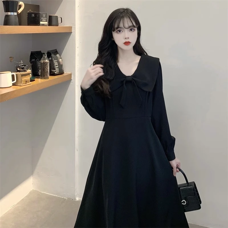 显瘦遮肚气质甜美哺乳连衣裙春秋季新款温柔风蝴蝶结小黑裙法式