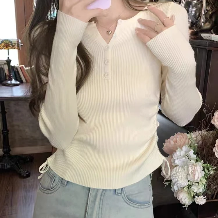 哺乳别致打底衫2024早秋新款纯欲抽绳内搭长袖针织短款上衣