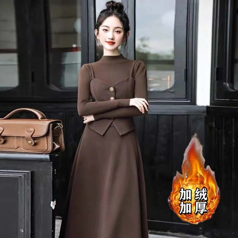 高级感冬款哺乳连衣裙假两件小香风高级时装针织马甲半身裙复古
