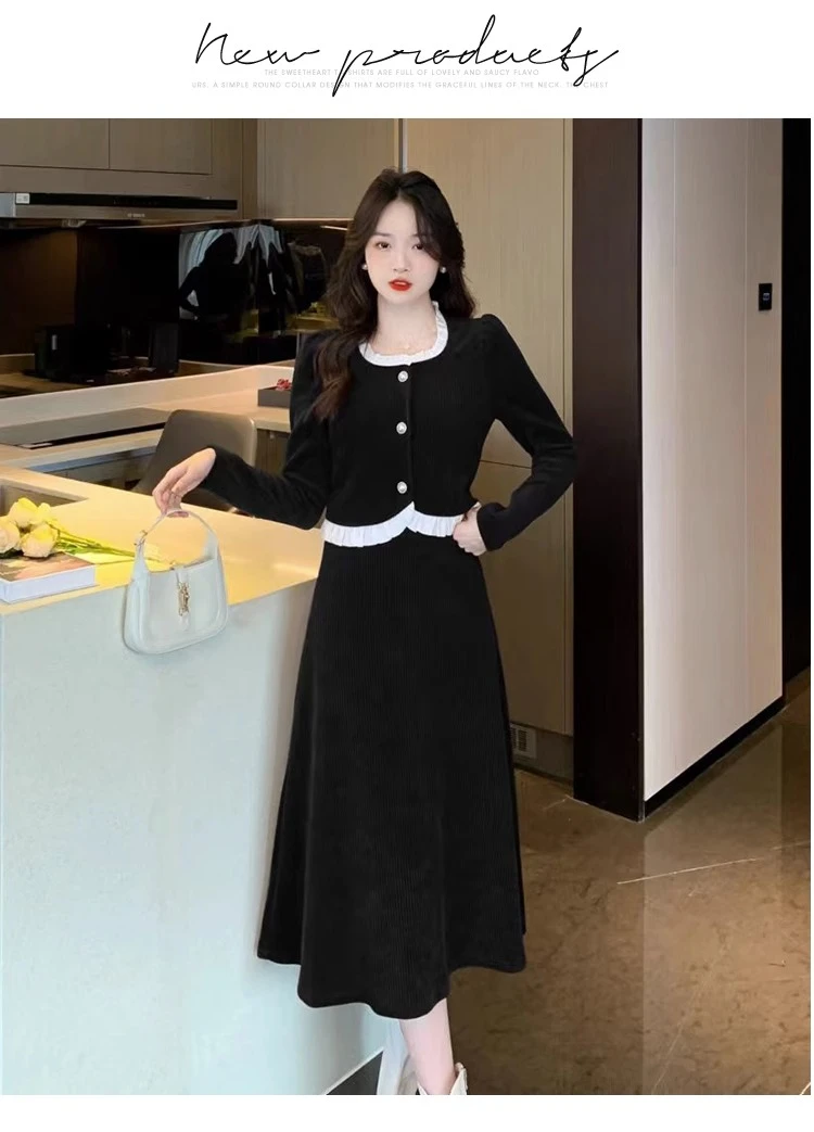 哺乳套装两件套设计感小香风丝绒套装春秋新款黑色法式时尚显瘦