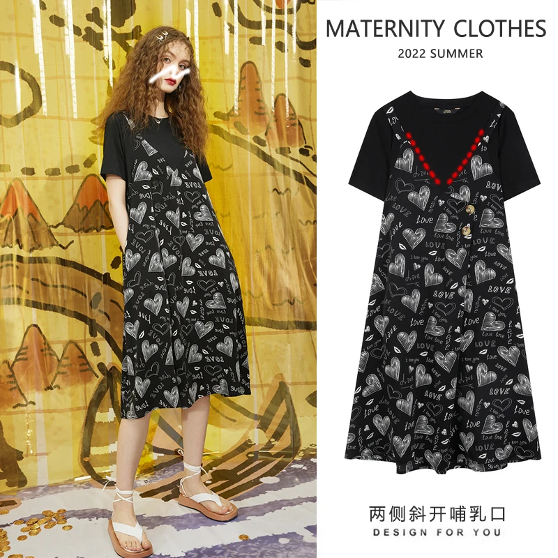 【现货】新款爱心碎花宽松显瘦口袋假两件拼接吊带孕妇哺乳连衣裙